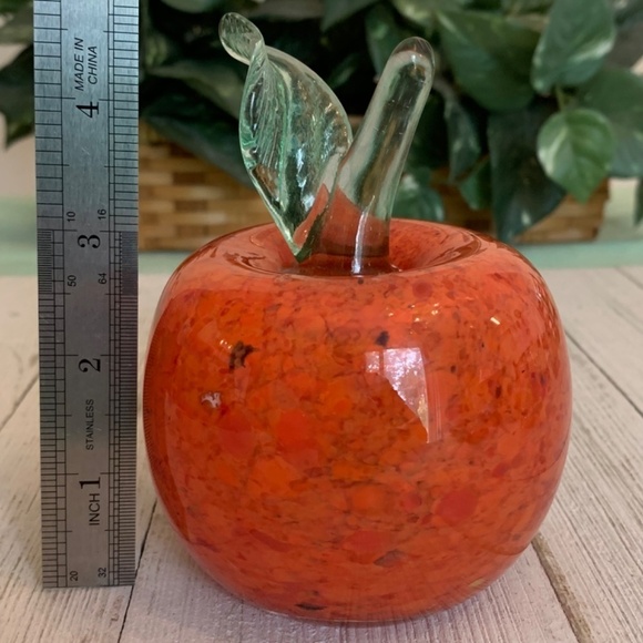 Orange Art Glass Weighted Apple Paperweight With Clear Green Stem Leaf 4 1/2” T - Picture 11 of 15